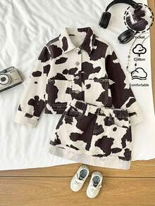 SHEIN 女童 2件組 Y2K 棉印花丹寧短夾克與裙子套裝，秋冬款，女童返校服裝、節慶穿搭、萬聖節造型 - 杏色 - 查看 1
