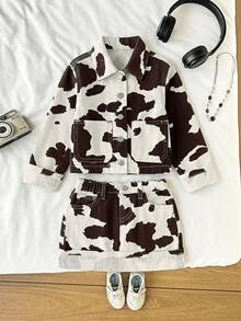SHEIN 女童 2件組 Y2K 棉印花丹寧短夾克與裙子套裝，秋冬款，女童返校服裝、節慶穿搭、萬聖節造型 - 杏色 - 查看 3