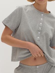 MUSEYN Grey Jersey Loose Boxy Fit Button T-Shirt - Light Grey - View 3