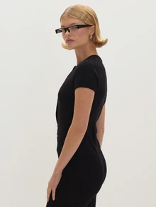 MUSEYN Black Knit Button Up Short Sleeve Fitted Top - Black - View 4