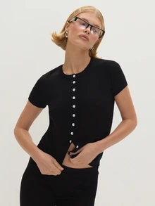 MUSEYN Black Knit Button Up Short Sleeve Fitted Top - Black - View 1