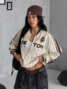 Coolane 女款條紋字母印花薄款夾克 日常賽車日外出穿搭 棕色與奶油色 秋季街頭風 - 彩色 - 查看 6