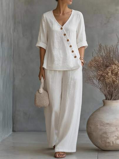 Ceyna New Plus Size Women's White Fashion Elegant Minimalist Vacation V-Neck Asymmetrical Button 3/4 Sleeve Waist-Cinching Wide Leg Pants 2-Piece Set Spring Summer