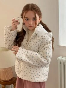 DAZY Tween Girl All-Over Print Hooded Zip-Up Casual Versatile Winter Padded Coat Fall - Beige - View 8