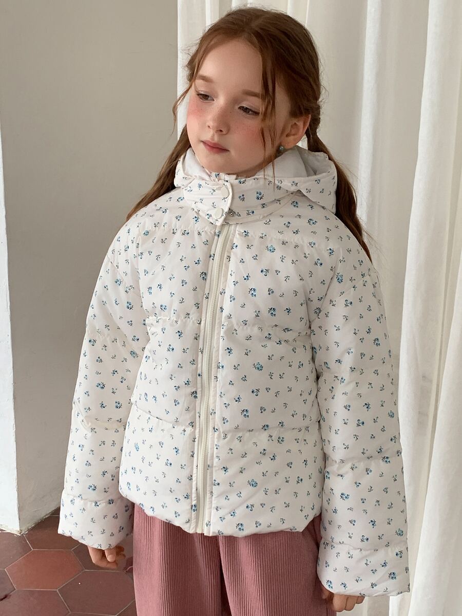 DAZY Tween Girl All-Over Print Hooded Zip-Up Casual Versatile Winter Padded Coat Fall - Beige - View 1