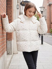 DAZY Tween Girl All-Over Print Hooded Zip-Up Casual Versatile Winter Padded Coat Fall - Beige - View 9