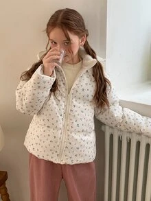 DAZY Tween Girl All-Over Print Hooded Zip-Up Casual Versatile Winter Padded Coat Fall - Beige - View 2