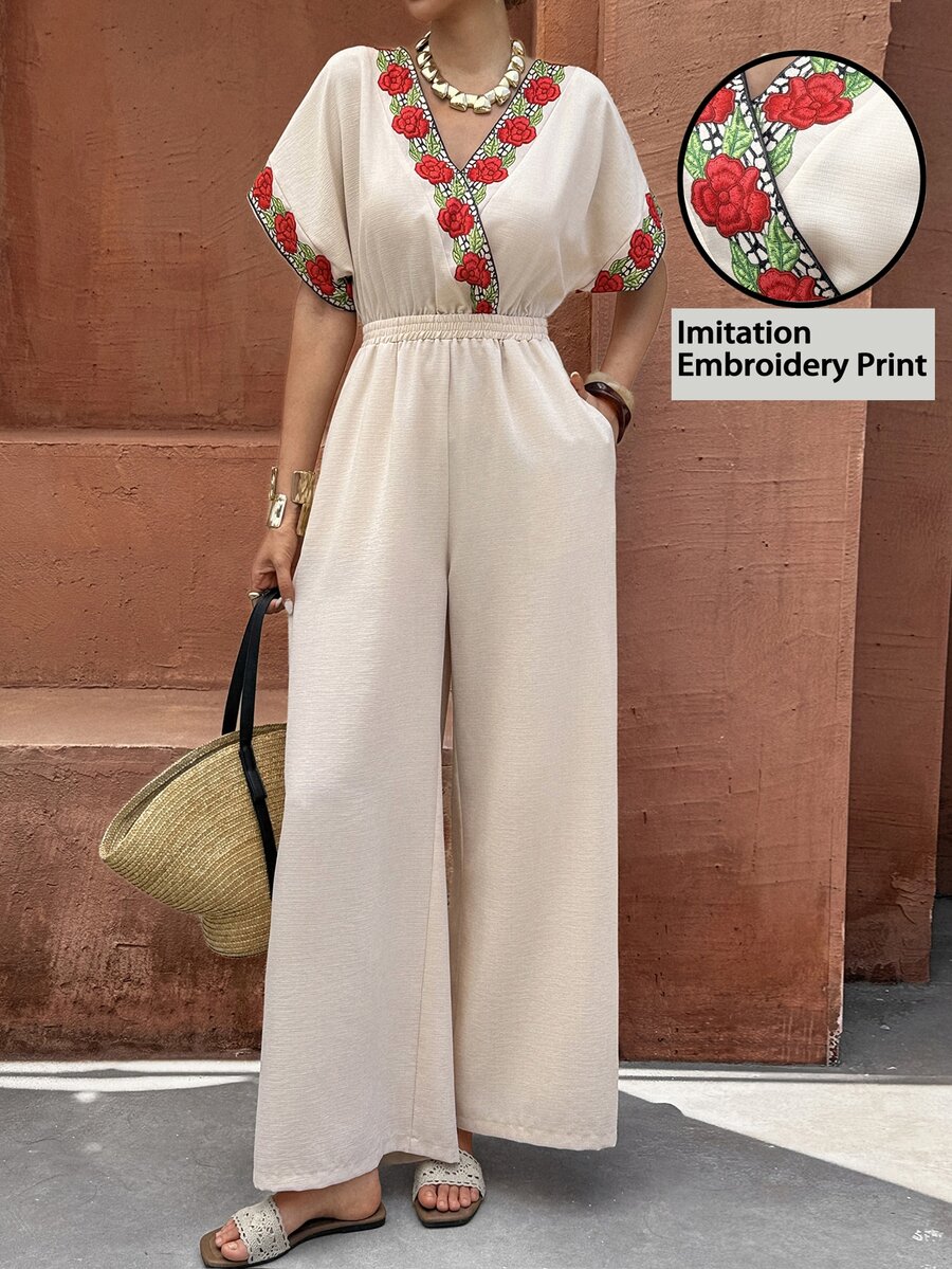 Flora Isola Flora Isola 女款花卉刺繡印花重疊V領短袖寬腿連身褲,適合度假 - 米色 - 查看 1