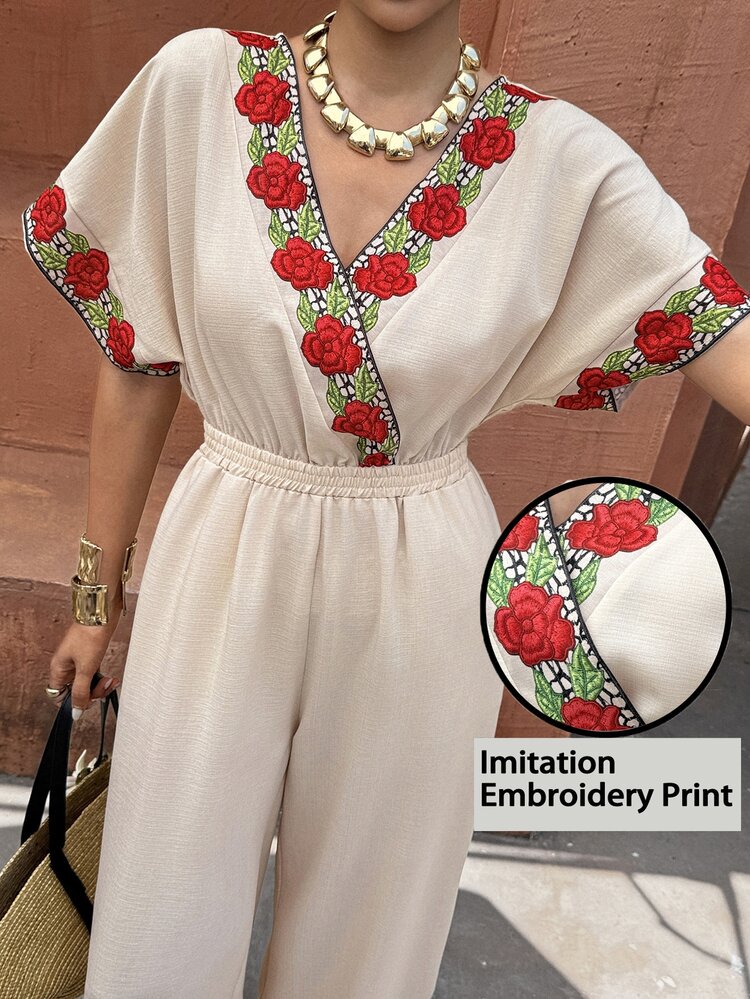 Flora Isola Flora Isola Women's Floral Embroidery Print Overlap V-Neck Short Sleeve Wide Leg Jumpsuit For Vacation Beige Summer Boho Tropical - Beige - View 6