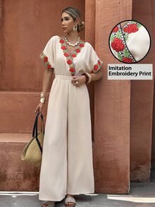 Flora Isola Flora Isola 女款花卉刺繡印花重疊V領短袖寬腿連身褲，適合度假 - 米色 - 查看 3