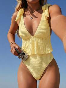SHEIN Swim Bellisia 女士特殊纹理面料吊带上衣和比基尼泳裤套装，度假沙滩泳装针织泳衣黄色泳衣套装柠檬黄泳衣黄色吊带荷叶边泳衣荷叶边泳装黄色泳装 - 黃色 - 查看 3