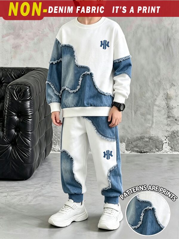 2pcs Set Tween Boy Fashion Minimalist Comfortable Crew Neck Sweatshirt And Sweatpants, Minimalist Patchwork English Print Design, Suitable For Holiday Gatherings And Parties, Casual And Comfortable, Boys Spring/Autumn/Winter First Choice, Spring/Autumn/Winter Streetwear, Casual Outfits For Back To School And Gatherings