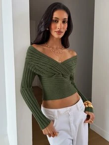 Aloruh 女款素色休閒百搭日常穿著長袖針織衫 - 綠色 - 查看 5