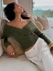 Aloruh 女款素色休閒百搭日常穿著長袖針織衫 - 綠色 - 查看 7