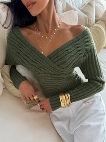 Aloruh 女款素色休閒百搭日常穿著長袖針織衫 - 綠色 - 查看 6