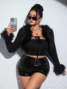 SHEIN ICON Plus Black Y2k Fuzzy Trim Tie Front Crop Jacket, For Winter Fall Autumn - Black - View 3