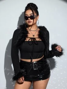 SHEIN ICON Plus Black Y2k Fuzzy Trim Tie Front Crop Jacket, For Winter Fall Autumn - Black - View 8