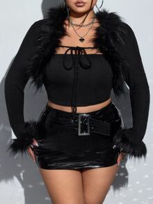 SHEIN ICON Plus Black Y2k Fuzzy Trim Tie Front Crop Jacket, For Winter Fall Autumn - Black - View 2