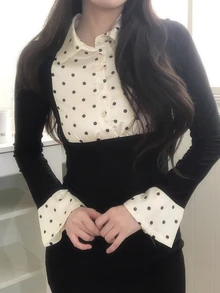 DAZY Women Contrast Polka Dot Cinching Waist T-Shirts Fall - Black - View 2