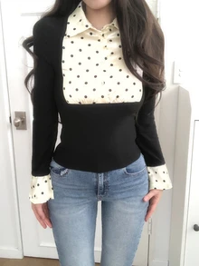DAZY Women Contrast Polka Dot Cinching Waist T-Shirts Fall - Black - View 4