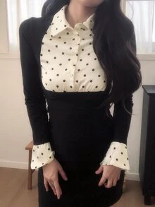 DAZY Women Contrast Polka Dot Cinching Waist T-Shirts Fall - Black - View 5