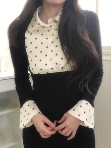 DAZY Women Contrast Polka Dot Cinching Waist T-Shirts Fall - Black - View 6