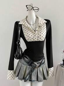 DAZY Women Contrast Polka Dot Cinching Waist T-Shirts Fall - Black - View 1