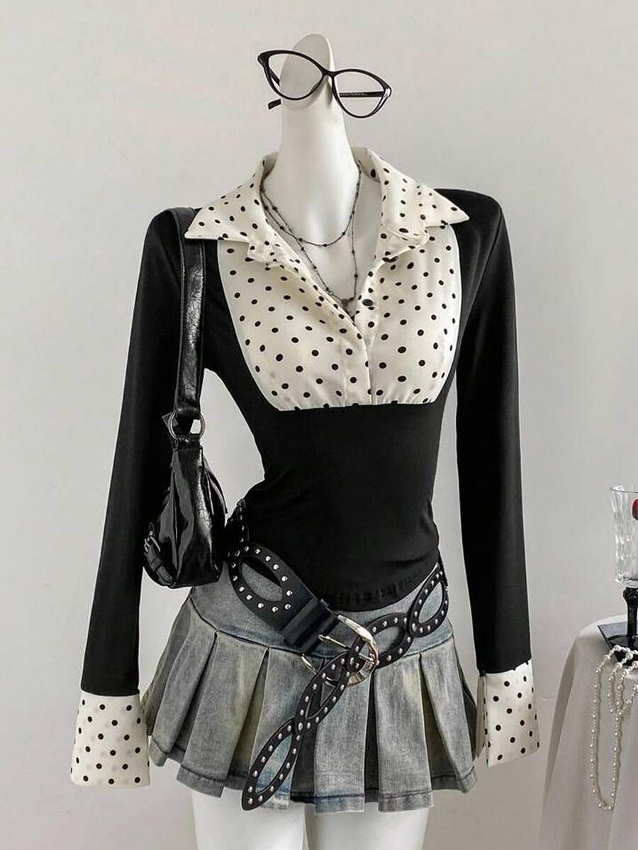 DAZY Women Contrast Polka Dot Cinching Waist T-Shirts Fall - Black - View 1