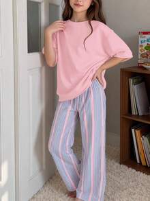 少女休閒甜美風簡約條紋圓領短袖長褲居家服套裝，適合日常居家穿著，舒適自在，休閒穿搭，時尚女孩風 - 彩色 - 查看 3