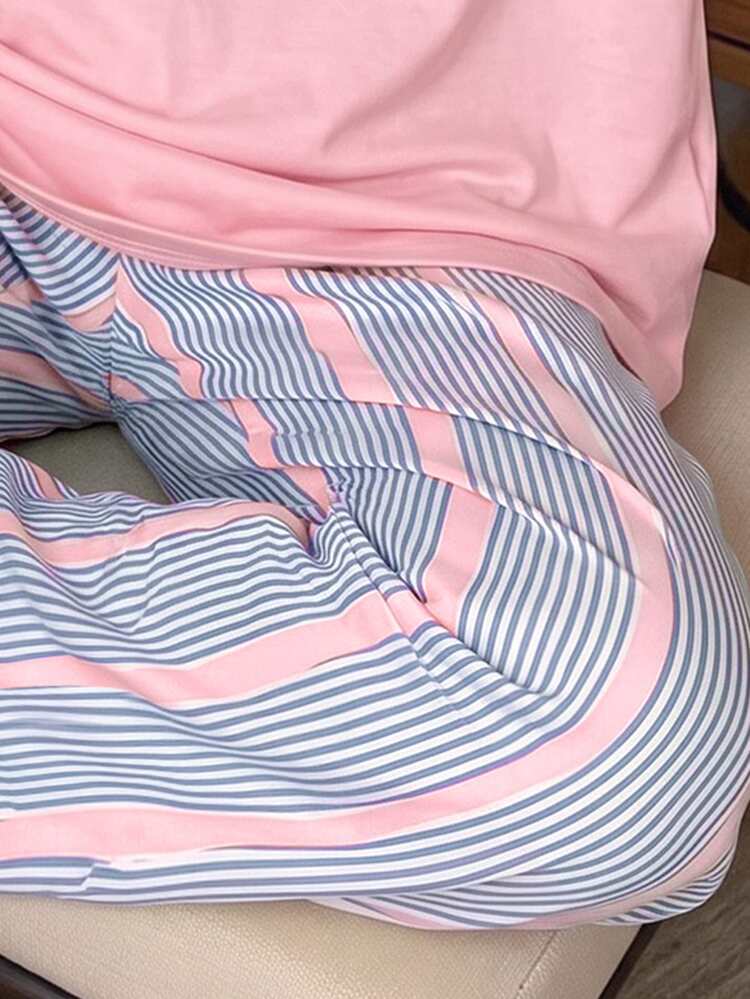 Tween Girl Casual Sweet Girl Style Simple Striped Round Neck Short Sleeve Long Pants Loungewear Set, Suitable For Daily Home Wear, Comfortable And Relaxed, Casual Outfit, Fashionable Girl, Girl Style - Multicolor - View 5