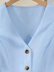 GlowEve CURVE 大码女式无袖西装套装两件套，收腰背心，树脂扣腰带环，不对称弹力腰带，贴袋，宽松直筒阔腿裤，通勤休闲时尚之选 - 藍色 - 查看 4