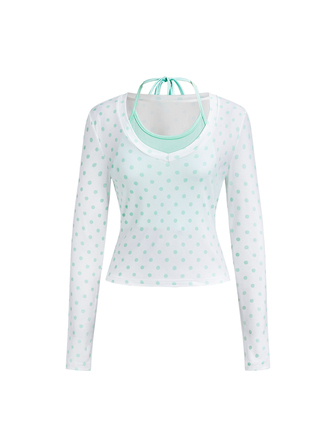 Y2K T-shirt 2 en 1 pour femme vert menthe mignon à pois, col patchwork, col licou et nœud devant