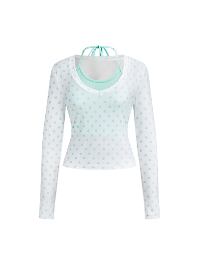 Y2K T-shirt 2 en 1 pour femme vert menthe mignon à pois, col patchwork, col licou et nœud devant