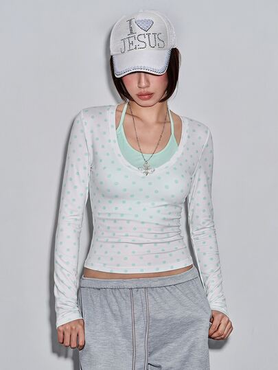 Y2K Camiseta 2 en 1 para mujer con cuello halter, lazo delantero, patchwork y cuello con lunares en verde menta