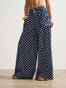 Bohemela Plus Size Women's Fashion Polka Dot Print Double Pocket Button Loose Long Denim Jeans - Dark Wash - View 7