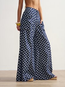 Bohemela Plus Size Women's Fashion Polka Dot Print Double Pocket Button Loose Long Denim Jeans - Dark Wash - View 5