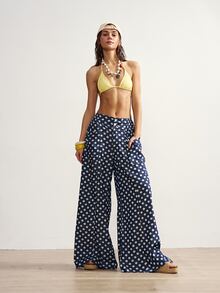 Bohemela Plus Size Women's Fashion Polka Dot Print Double Pocket Button Loose Long Denim Jeans - Dark Wash - View 4