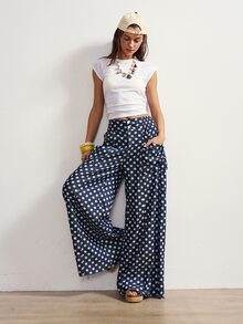 Bohemela Plus Size Women's Fashion Polka Dot Print Double Pocket Button Loose Long Denim Jeans - Dark Wash - View 8