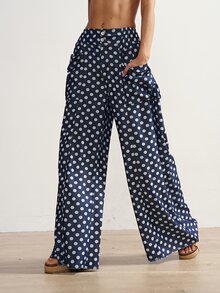 Bohemela Plus Size Women's Fashion Polka Dot Print Double Pocket Button Loose Long Denim Jeans - Dark Wash - View 6