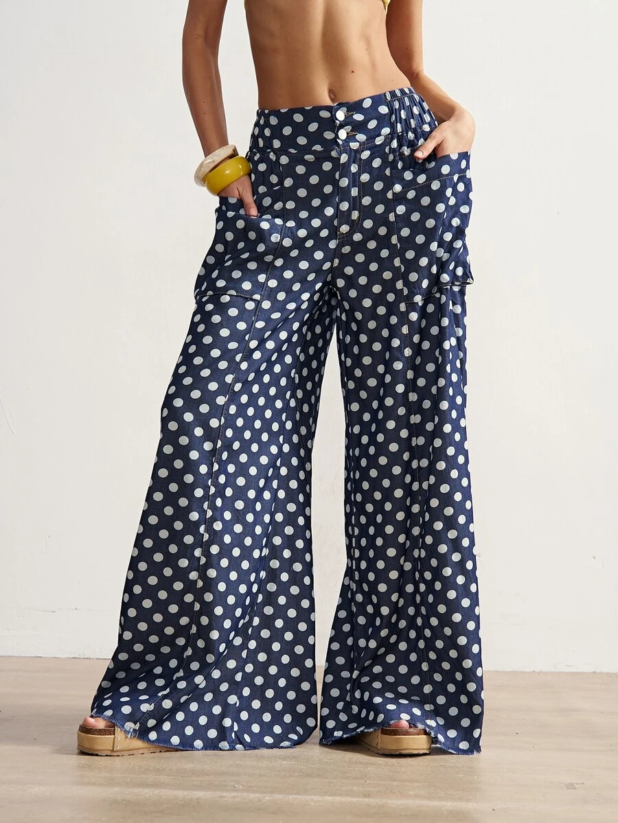 Bohemela Plus Size Women's Fashion Polka Dot Print Double Pocket Button Loose Long Denim Jeans - Dark Wash - View 1