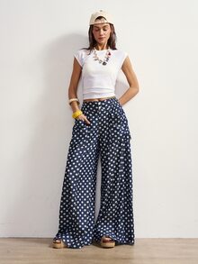 Bohemela Plus Size Women's Fashion Polka Dot Print Double Pocket Button Loose Long Denim Jeans - Dark Wash - View 3