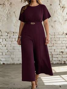 Ceyna Plus Size Women's Summer Elegant Casual Commute Vacation Formal Evening Party Round Neck Dolman Sleeve Waist Metal Decor Pocket Short Jumpsuit Gold - Maroon - View 5