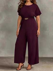 Ceyna Plus Size Women's Summer Elegant Casual Commute Vacation Formal Evening Party Round Neck Dolman Sleeve Waist Metal Decor Pocket Short Jumpsuit Gold - Maroon - View 4