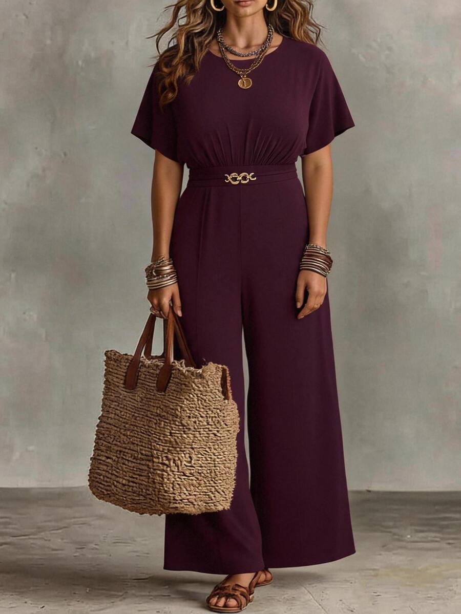 Ceyna Plus Size Women's Summer Elegant Casual Commute Vacation Formal Evening Party Round Neck Dolman Sleeve Waist Metal Decor Pocket Short Jumpsuit Gold