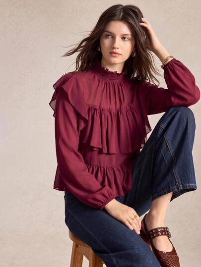 BizChic Burgundy Women's Top, Small Stand Collar, Layered Ruffle Hem, Elastic Waist, Autumn French Elegant Romantic Vintage Style, Slim Fit, Halloween, Back To School, Church, Special Occasion, Birthday, Wedding Guest, Party, Date, Vacation, Casual, Sexy