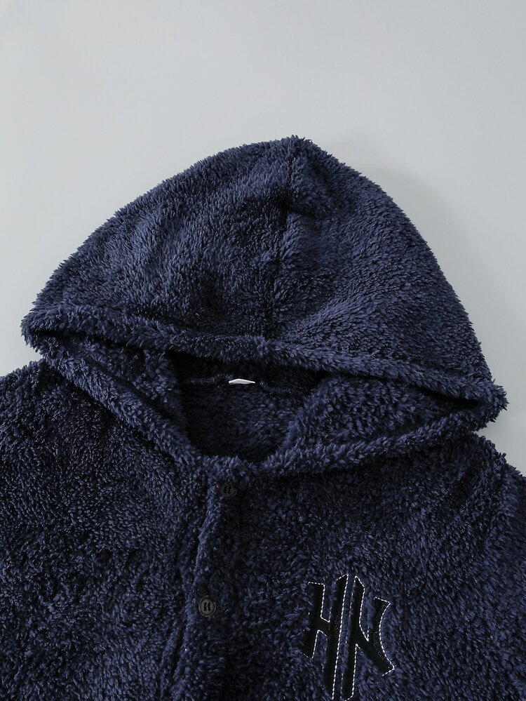Tween Boy Autumn/Winter Comfortable Plush Fabric Button-Up Hooded Long Sleeve Jacket, Suitable For Daily Casual Commute Wear, Soft And Comfortable Fabric, And Versatile Fit, Suitable For Street Outings, Suitable For Daily Casual Outdoor Wear, Suitable For Spring/Autumn Daily Wear - Navy Blue - View 8