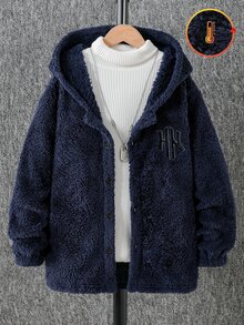 青少年男孩秋冬舒適毛絨布料鈕扣連帽長袖夾克，適合日常休閒通勤穿著，柔軟舒適面料，百搭版型，適合街頭出遊、日常休閒戶外穿著，也適合春秋日常穿著 - 藏蓝色 - 查看 3