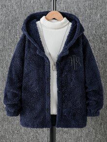 青少年男孩秋冬舒適毛絨布料鈕扣連帽長袖夾克，適合日常休閒通勤穿著，柔軟舒適面料，百搭版型，適合街頭出遊、日常休閒戶外穿著，也適合春秋日常穿著 - 藏蓝色 - 查看 5