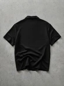 HIMLAND 男士休閒純色鈕扣短袖襯衫，夏季，度假，父親節禮物 - 黑色 - 查看 2