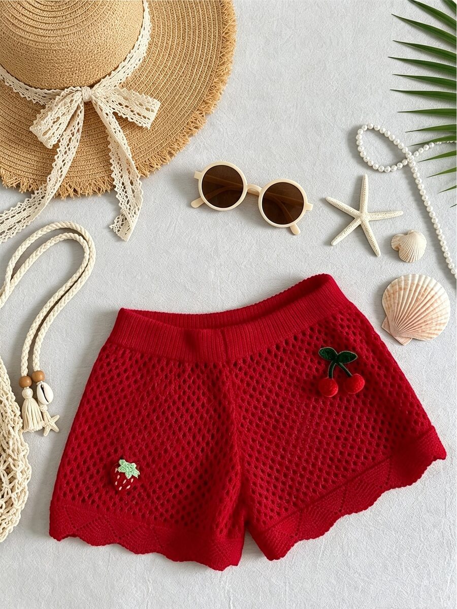 Flirla Women's Fashion Cute Sexy Cute Tropical Hollow Out Cherry Vacation Style Knit Shorts Beach Vacation White Red Summer - Red - View 1